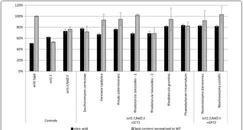 Fig. 2 Heterologous GPAT expression in Y. lipolytica. 8 heterologous GPAT genes and the native GPAT YlSCT1 were each transformed into a Δsct1 Δfad2 double deletion strain