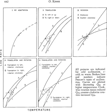Fig. 6: Patterns of acclimation of rate functions to different constant temperatures. (AEer PROSSEI~ 1958b; modified) 