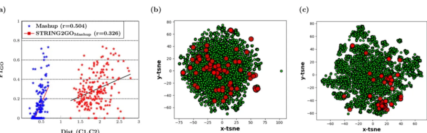 Fig 5. (a) Linear relationship between distances of two classes protein samples and F 1_GO scores obtained by Mashup-derived Combinedscore network embedding representations and the corresponding functional representations on Hold-out set testing (b) The 2D