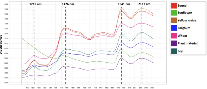 Figure 3.5 Unprocessed average pseudo-absorbance spectra for sound white maize; yellow maize; 