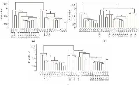 Figure 2. Supervised cluster analysis utilizing a series of 359 genes found differentially expressed between the MNG and HN + PTC groups