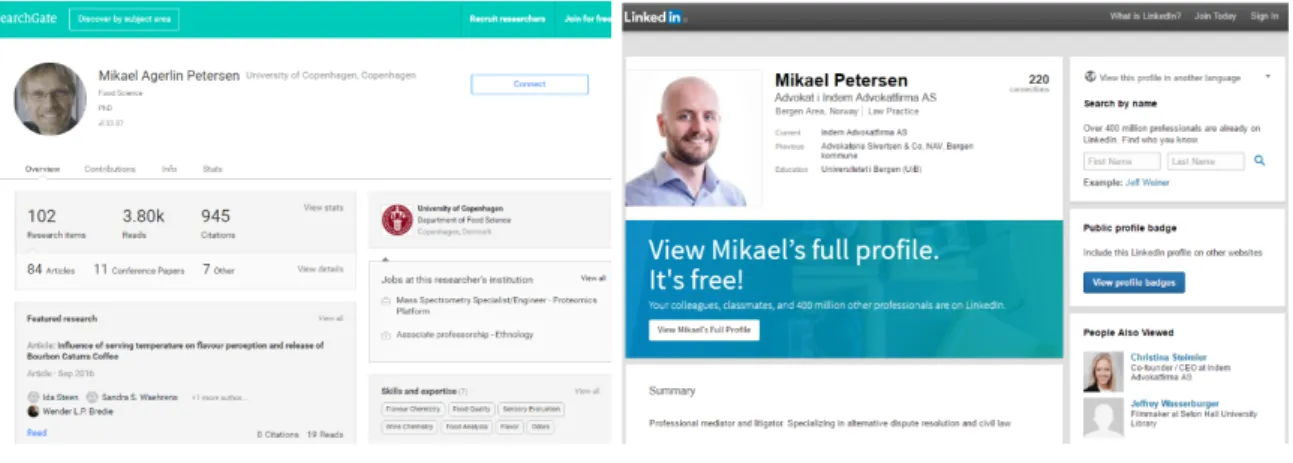 Figure 5.2: Two web pages representing distinct Mikael Petersen entities.