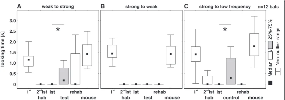 Figure 3 Duration of body turn in response call experiments. Duration of body turn (looking time [s]) to response call stimuli of twelve bats(medians, inter-quartiles and non-outlier range) to the first habituation stimulus (1st hab), the second to last ha