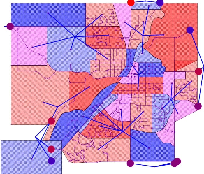 FIGURE 3.  Destination Factors for Model IV at Zones (Shaded Areas) and at External  Stations (Dots) (Darker Blue Indicates Larger Factors, Darker Red Indicates Smaller  Factors and Magenta is Neutral) 
