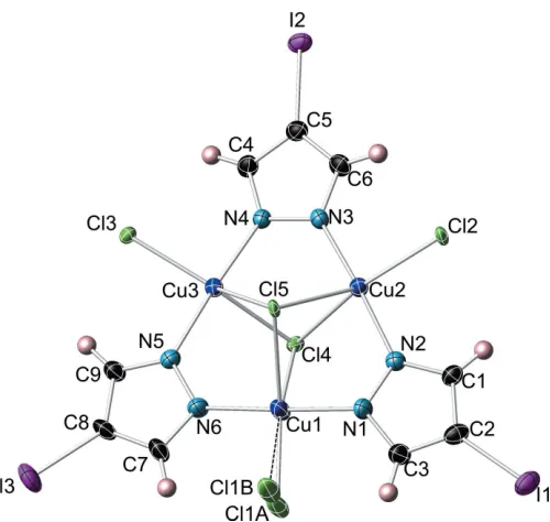 Figure 1Displacement ellipsoid plot (50% probability level) of the title trinuclearcopper pyrazolate complex anion, showing the atom-labeling scheme(counter-ions and solvent molecule omitted).