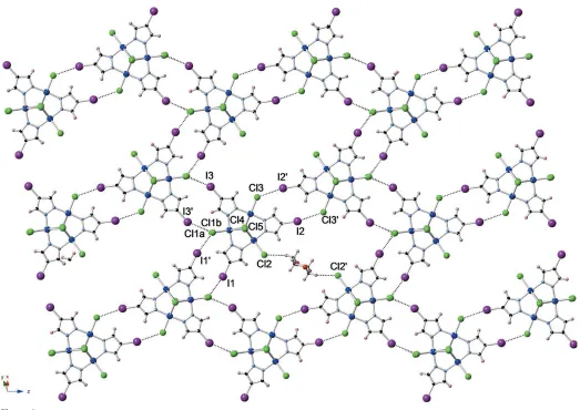 Figure 2Two-dimensional sheet [along (110)] formed by intermolecular iodine–chlorine halogen bonding (only one dioxane solvent molecule and no counter-