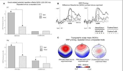 FIGURE 6 | (A) N250r (220–180 ms) mean amplitudes obtained at posterior electrodes (P7/P8)