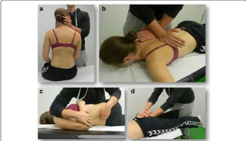 Fig. 2 Students practising the a) Rotation-traction-technique for the cervical spine b) Cross-hand-technique for the thoracic spine c) Manipulationof the lumbar spine d) Manipulation of the sacroiliac joint (Panther’s jump technique)