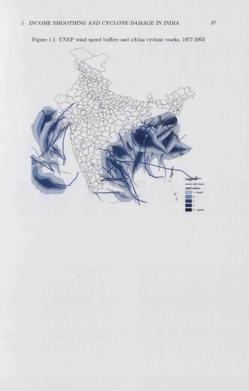 Figure 1.1: UNEP wind speed buffers and eAtlas cyclone tracks, 1977-2003