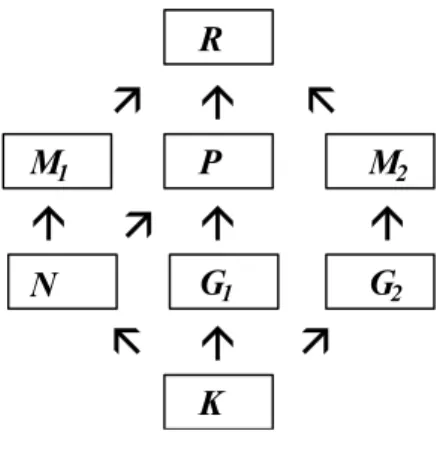 Figure 1. A food web model. The interactions amongst nutrient-in-soil (K), cultivated plant (N),  weeds (G 1  and G 2 ), monophagous (M 1  and M 2 ) and polyphagous (P) pests, as well as predator  (R)