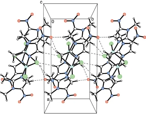 Figure 4Weak intermolecular hydrogen-bonding interactions (shown as dashedlines) for [Cu(�-Cl)Cl(dimet)2]2.