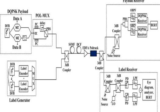 Fig 1 Frequency-swept coherent detection of SAC label: (a) Wavelength domain, (b) Frequency-swept Local Oscillator, (c) Label signal in time domain