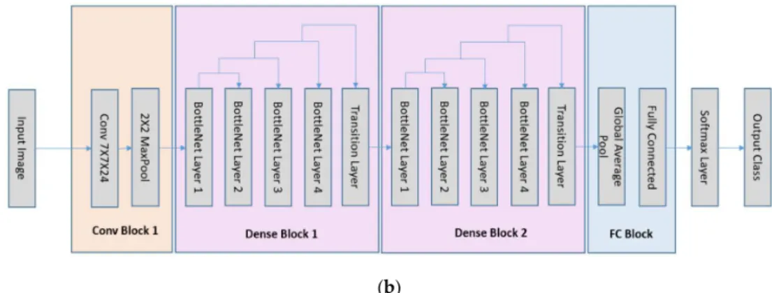 Figure 1. The LeNet5 and the DenseNet architectures used in the study. The MI values of kernels after 