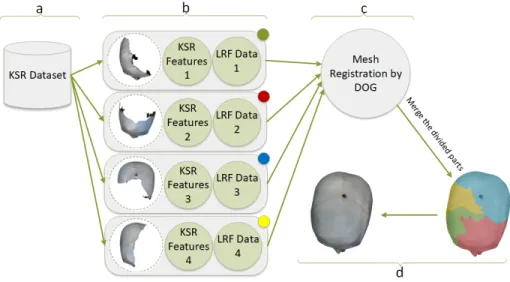 Figure 4: Mesh registration procedure: (a) Dataset from the previous process of extracting KSR features and LRF data (b) The input of the registration process (c) DOG have been used to match the input KSR features