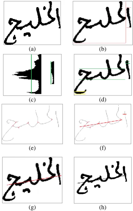 Fig. 3. An example from IFN/ENIT image number ae19_016, (a-g) steps of  the proposed baseline estimation method (h) ground truth image