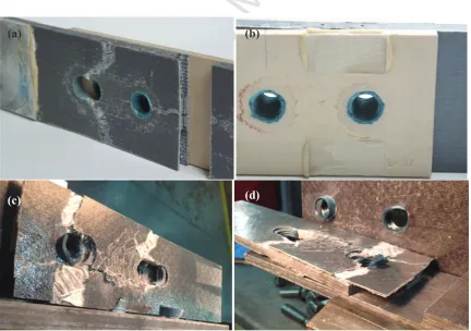 Figure 12. Modes of failure: (a) inner plate and (b) cover plate for Type 1; (c) inner plate and (d) 