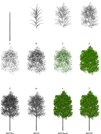 Figure 4.5: OnyxTREE renderings of broadleaf tree components. See Figure 4.6 for a zoomedversion