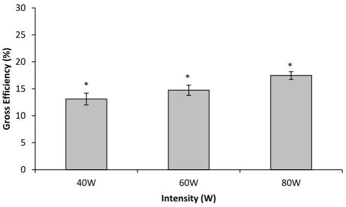 Figure 3.5 Gross efficiency during arm-cranking at 40, 60 and 80 W * =statistical differences (p<0.05) between GE conditions 