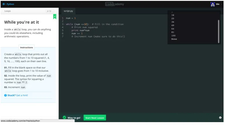 Figure 5: Codecademy’s lesson screen 