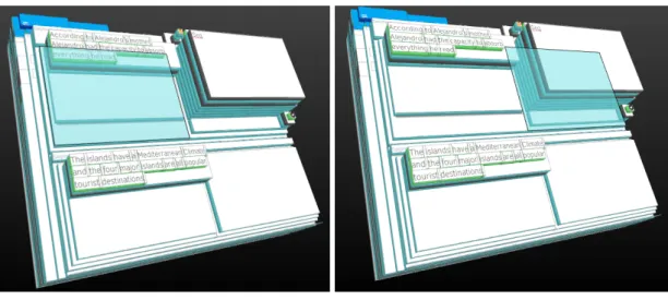 Figure 3.4: The source and target areas in HandyCAT, highlighted in green. These render- render-ings are produced by the three-dimensional DOM visualizer available in Mozilla Firefox, and emphasize the nested component areas in HandyCAT.