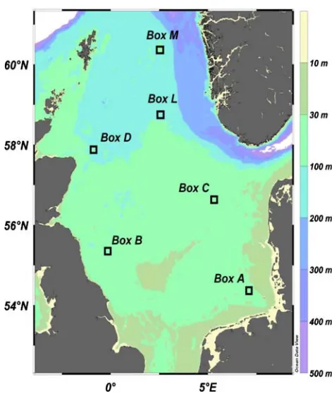 Fig. 1 Location and depth of the study areas in the North Sea (BoxesA, B, C, D, L, M)