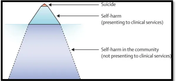 Figure 1: Representation of the relative prevalence of self-harm and suicide in  young people (Hawton, Saunders, & O'Connor, 2012, p