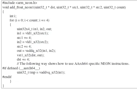 Figure 4.5: Addition of unsigned integer (uint32_t) array using Intrinsic NEON. Assumed thatcount is multiple of 4.