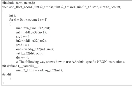 Figure 4.5: Addition of unsigned integer (uint32_t) array using Intrinsic NEON. Assumed thatcount is multiple of 4.