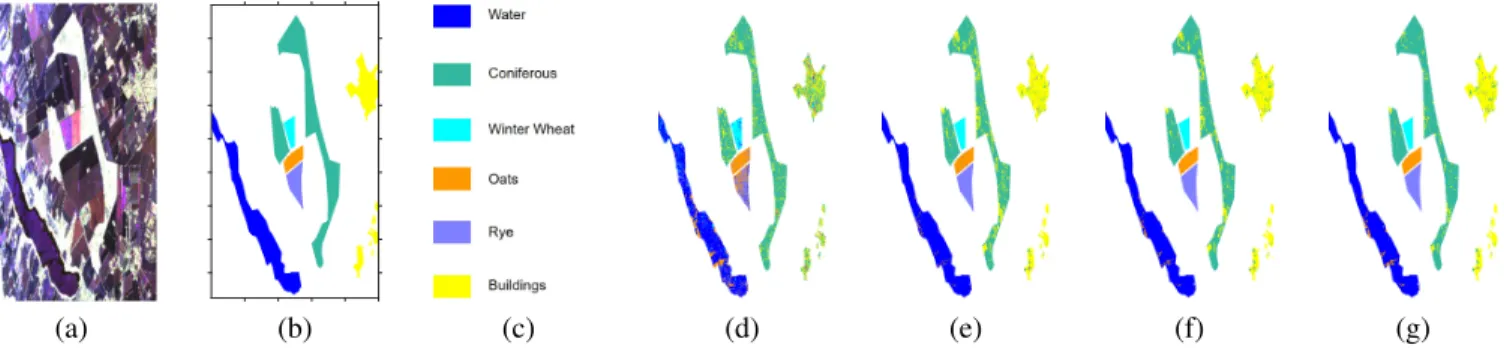 Fig. 1. (a) Pauli RGB image of “Foulum”. (b) Ground truth. (c) Legend. (d) Supervised DNN method