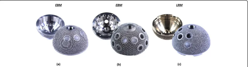 Fig. 2 Image showing the internal and the outer surfaces of the three acetabular designs: (a) Delta TT (Lima Corporate), (b) Mpact 3D Metal(Medacta), (c) Trident II Tritanium (Stryker)