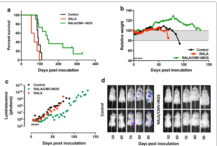 Fig. 6 Treatment with RALA/CMV-iNOS improves survival of PC3-luc2M metastases-bearing mice