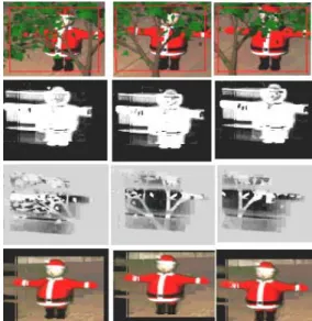 Figure 6.  Layer state variables in three frames of the video  in Figure 5 (Row 1 are the original images, Row 2 are the  foreground shapes, Row 3 are the background shapes, and  Row 4 are the foreground appearances)