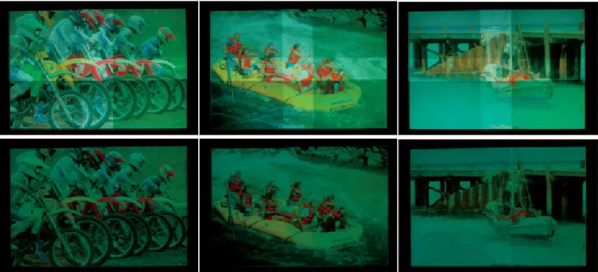 FIGURE 2.2:  The top row shows images before correction and the bottom row shows the images after luminance matching for a 2 x 2 array of four projectors [from Majumder and Stevens 2004] 
