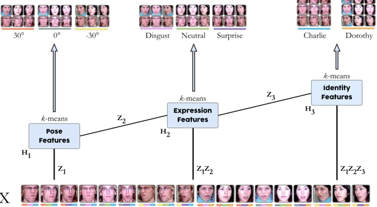 Fig. 2. A Deep Semi-NMF model learns a hierarchical structure of features, with each layer learning a representation suitable for clustering according to the different attributes of our data
