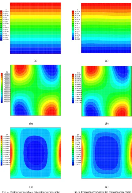 Fig. 4. Contours of variables: (a) contours of magnetic potential A, (b) contours of magnetic field in the X direction 