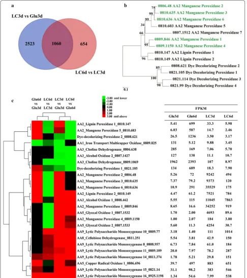 Fig. 3 Different expression profiles of ligninolytic enzyme genes. a Venn diagram showing differentially expressed genes by comparing LC3d versus Glu3d (Blue) and LC6d versus LC3d (Red)