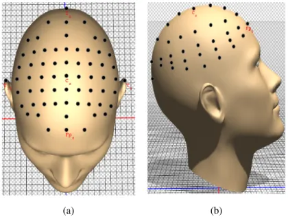 Figure 2.4: EEG electrode setup using 10-10 standard system a. Anterior view b. Lateral view
