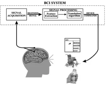 Fig. 1. Basic design and operation of any BCI system. Signals from the brain are acquired by electrodes on the scalp, the cortical surface, or from within the brain and are processed to extract specific signal features (e.g., amplitudes of evoked potential