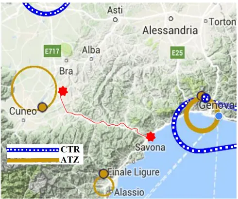 Fig. 8. Map on trafficking carried out by the drone. Brown represents the  ATZ and blue the CTR