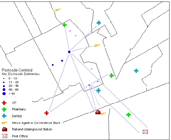 Figure 2. Deriving AWD for an OA (boundaries and postcodes Crown Copyright)