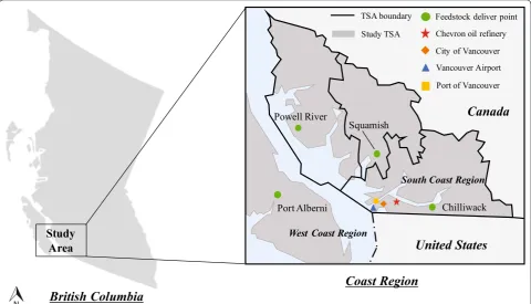 Fig. 1 Schematic diagram of geographic information of HTL biofuels system (Powell River, Squamish and Chilliwack lie in the South Coast Region; Port Alberni lies in the West Coast Region)