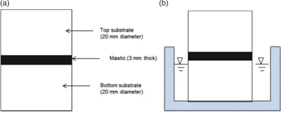 Figure 1.(a) Adhesion test specimen showing butt-jointed specimens consisting of 3-mm-thick asphaltmastic sandwiched between two 20-mm thick by 20 mm diameter aggregate substrates