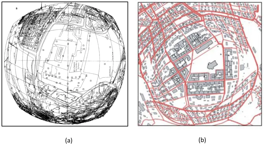Figure 2.1  Focus maps represented with variable scales: (a) scale radially decreases constantly from the centre of the map, from Fairbairn and Taylor (1995) and (b) scale within a circular cap based on a distance from the centre is uniform while the scale