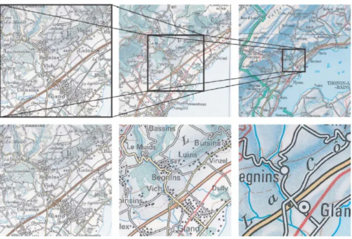 Figure 2.2  Requirement of generalization of a map: scale on the first row left           1 : 100K, middle 1 : 200k and right 1 : 500K