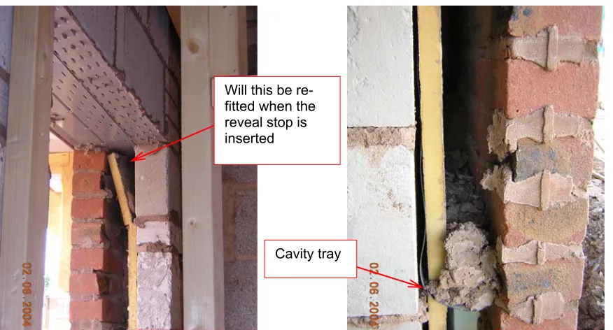 Figure 3.44  Partial-fill cavity insulation – gaps and mortar build-up on cavity tray