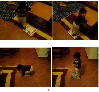 Figure 1. Having found (figure in the left) that, from the position in which she finds herself, the child can’t put the piece on the top of the other, she detects the affordance that the base of the table gives her (Middle figure), and, having climbed, she