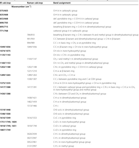 Table 1 Comparison of observed and calculated vibrational modes of meropenem before degradation