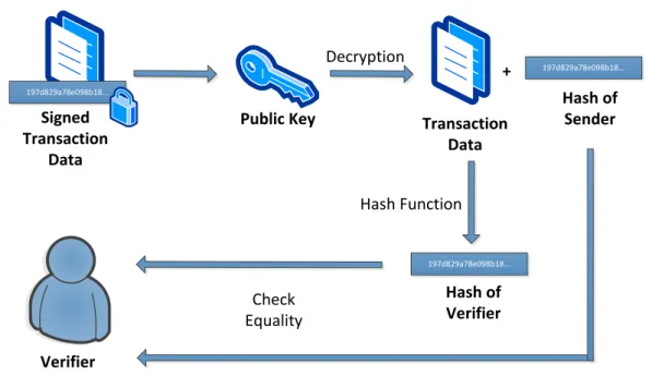 Figure 2.3: Transaction data signature verification with asymmetrical cryptography