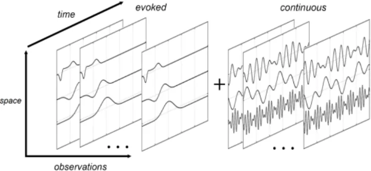 Fig. 1. The composite model assumes that the observations are the superpo- superpo-sition of evoked sources and continuous sources linked by the same spatial mixing matrix A.
