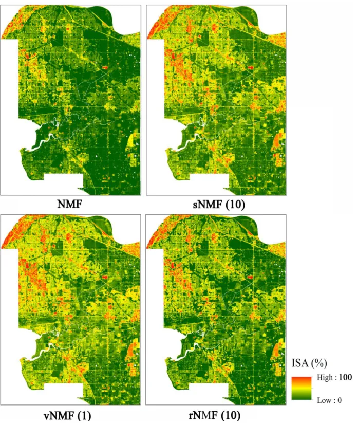 Figure 2-11: The best impervious surface area abundance maps from each spectral  mixture analysis method (EnMAP)